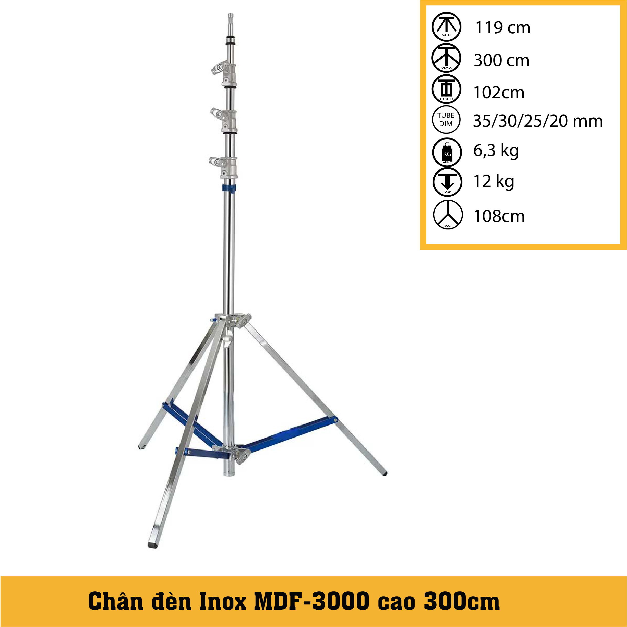 Chân đèn Inox MDF 3000 cao 3m