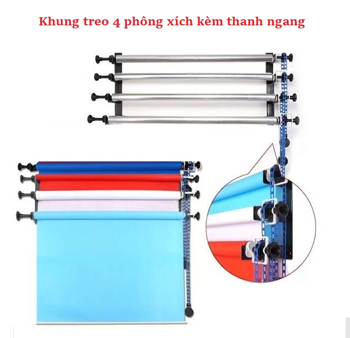 Khung treo phông 4 xích + 4 phông giấy 2.7x5m ( đã kèm trục)